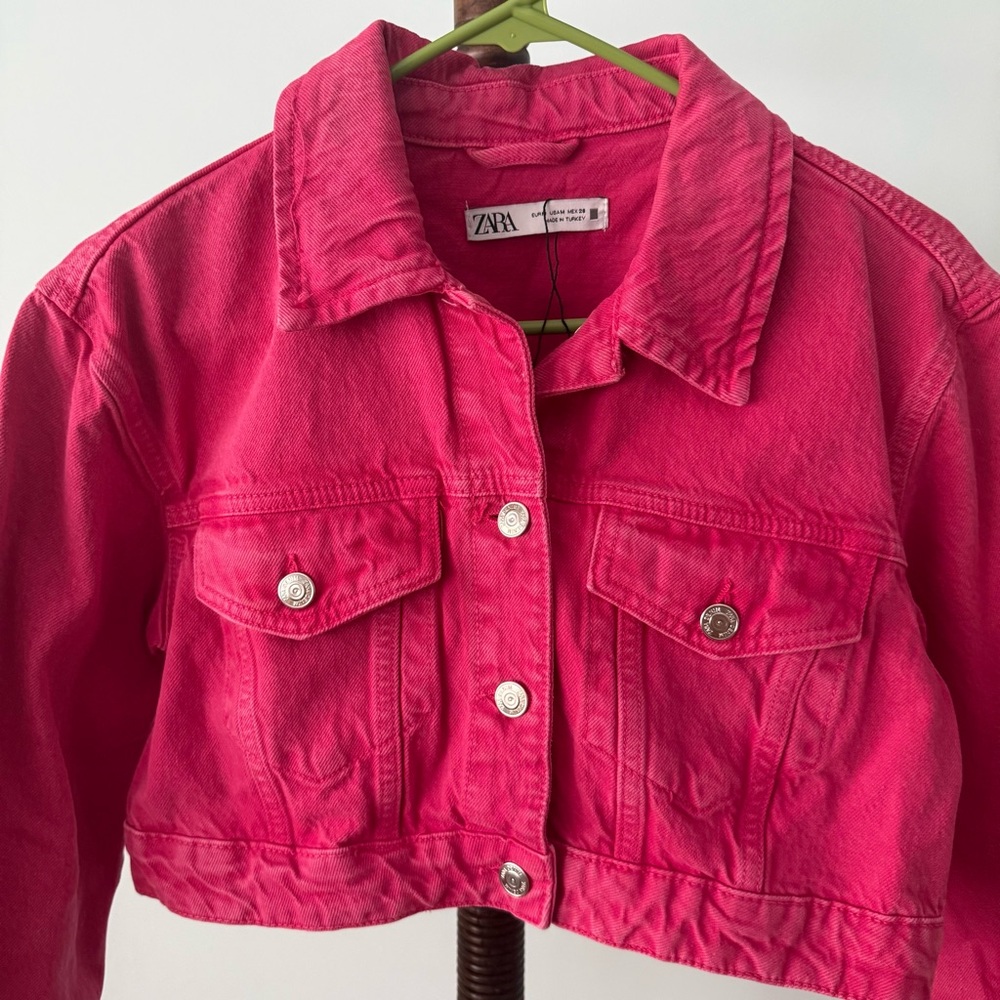 Zara Cropped Pink Denim Jacket Size M 100% Cotton Hot Pink Trucker - Picture 2 of 7